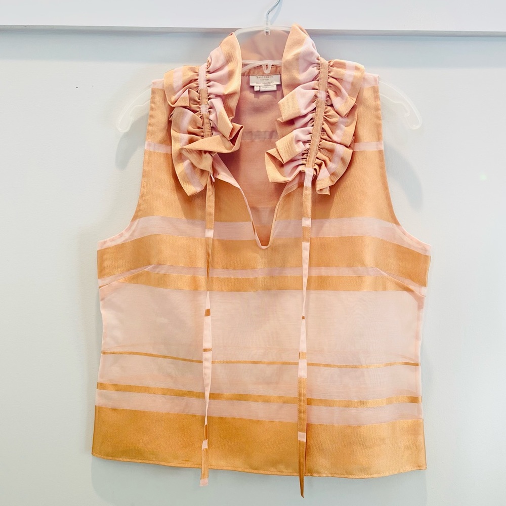 Kate Spade striped tank with ruffled collar, lined with sheer panels, size 8 reg